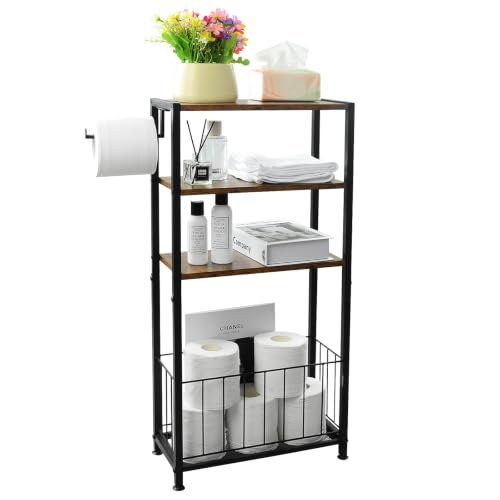 Freestanding Toilet Paper Holder with Storage Wood Shelf Adjustable Feet | Bathroom Toilet Paper Stand Holder with Extra Roll Storage Basket Narrow Side Tissue Holder For Bathroom Laundry Room