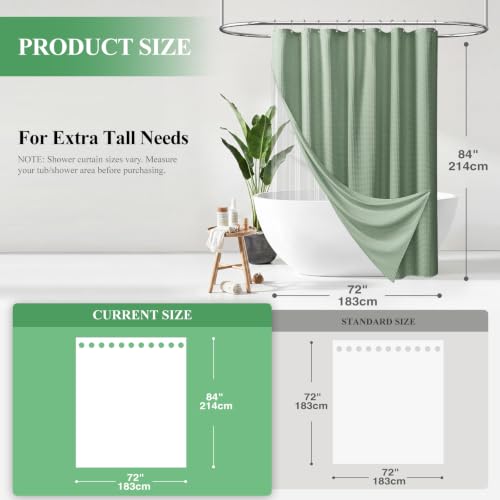 Extra Long Waffle Shower Curtain Set with Liner 72x84 Sage Green | 84 Inch Long, Waterproof Clear PEVA Liner, 256GSM Heavy Duty Fabric, Tall Hotel Luxury Shower Curtains for Bathroom, 12 Hooks - color: A Sage Green, size: 72"W x 84"L (Pack of 1)