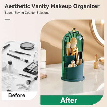 Makeup Brush Holder 360° Rotating Countertop Organizer with Lid (Green) | Transparent Sealed Lid, Waterproof, 3 Compartments, 180° Side Pull Door, for Vanity Makeup Brushes & Bathroom Toothbrushes - color: Green