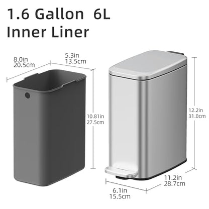 KSSKSS 1.6 Gallon/6L Small Bathroom Steel Step Trash Can, Soft-Close Lid & Fingerprint-Proof, Slim Wastebasket for Narrow Spaces (Silver) - color: Silver