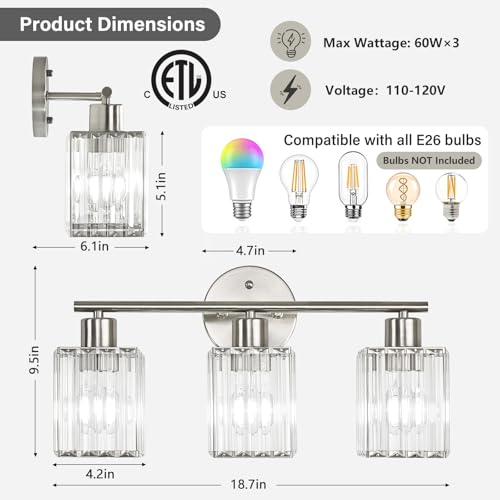 3 Light Bathroom Light Fixtures, Modern Crystal Vanity Lights over Mirror | Metal Frame, Bathroom Light with Square Crystal Shade, ETL Certified, E26 Ceramic Socket, Bulbs Not Included - color: Brushed Nickel, size: 3-Light
