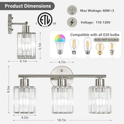 3 Light Bathroom Light Fixtures, Modern Crystal Vanity Lights over Mirror | Metal Frame, Bathroom Light with Square Crystal Shade, ETL Certified, E26 Ceramic Socket, Bulbs Not Included - color: Brushed Nickel, size: 3-Light