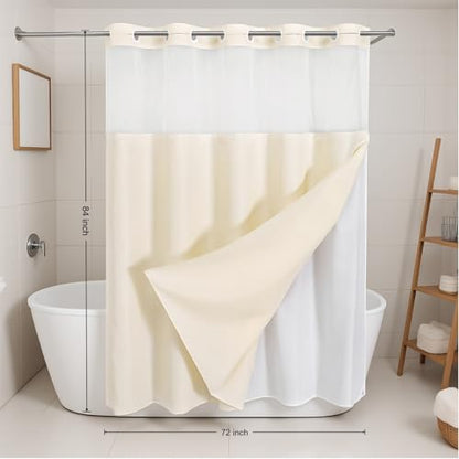 No Hooks Natural Boho Faux Linen Shower Curtain with Snap-in Liner Set, Textured Hotel Luxury Bathroom Curtain with See Through Top Window, Waterproof & Washable, 72x84 inches - color: Cream, size: 72"W x 84"L (Pack of 1), style: No Hooks