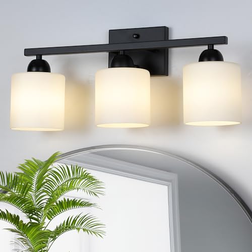 Mecgirn Milk Glass Vanity Lights for Bathroom, 3 Light Matte Black Bathroom Light Fixtures Over Mirror, Ceramic E26 Sockets Wall Mounted - color: Matte Black, size: 3 Light