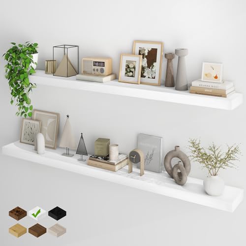 Fun Memories 66 Inch Fireplace Mantel - Long Floating Shelf, Wall Mounted Farmhouse Display with Invisible Heavy Duty Metal Bracket, White, 2 Pack - color: White, size: 67"W x 6.5"D