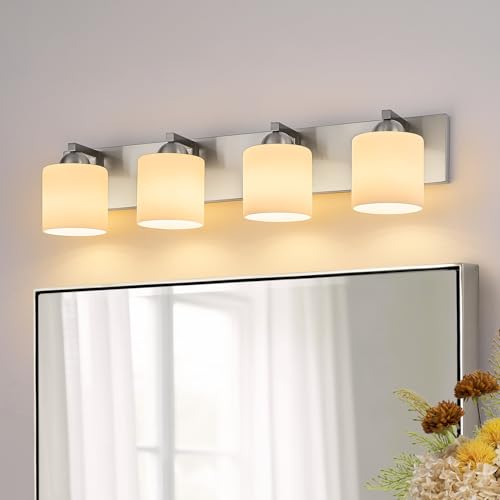 mirrea 4-Light Brushed Nickel Bathroom Vanity Light with White Glass Shades | makeup vanity illumination grooming station light over-sink wall lamp renovate remodel refresh decorate - color: Brushed Nickel, size: 4-light