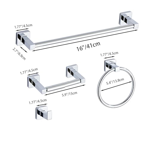 Chrome Bathroom Hardware Set 4 Pieces,Towel Bar Set Stainless Steel Wall Mounted, Includes 16In Hand Towel Bar, Towel Ring, Robe Towel Hooks,Toilet Paper Holder, Bathroom Towel Rack Set - color: Chrome, size: 16Inch