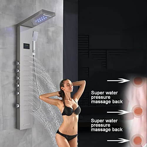 LED Light Shower Panel Tower Rainfall Waterfall Shower Head with Massager Jets Body System Jet Black B (Color : Brushed Nickel C) - color: Brushed Nickel C