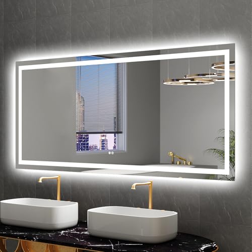 LED Mirror for Bathroom 72x32 Lighted Bathroom Vanity Mirrors with Lights, Brighter Frontlit and Backlit Anti-Fog Mirror, Tempered Glass, Dimmable 3 Colors Light Modes, Memory Function - size: 72"L x 32"W