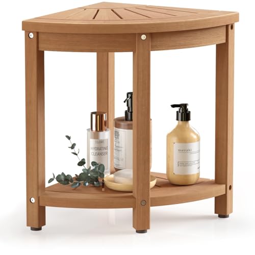 Waterproof HIPS Corner Stool for Shaving Leg, Inside Shower, Brown | For seating and foot rest, Wood-Look texture, Easy care, Storage shelf, Non-slip leveling feet, Indoor/Outdoor use, 400 lb - color: Teak Brown, size: 4 Leg - Sturdy+