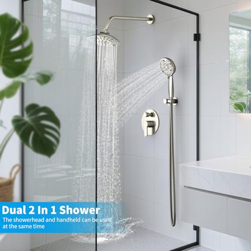 EMBATHER 8'' Shower System with Handheld & Trim Kit, Brushed Nickel | 2-IN-1 Shower Faucet Set, 3-Mode Shower Head, 8-Setting Handheld Spray, Pressure-balanced Valve & Trim Kit - color: Brushed Nickel, size: 8 Inch