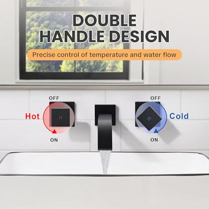 ALEASHA Wall-Mounted Bathroom Sink Faucet, Matte Black Bathroom Faucet | Waterfall Bathroom Faucet with Two Handles, Brass Bathroom Sink Faucet, Wall-Mounted Washroom Faucets and Rough-in Valve - color: Matte Black