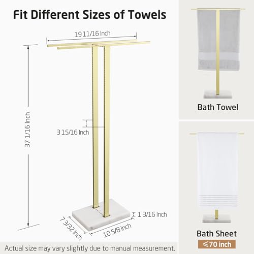 KES Brushed Gold Standing Towel Rack, 37" H, Heavy Marble Base, Bathroom | Brushed Finish, T-Bar Design, Hangs Large Towels, Anti-Slip Pads, Easy No-Drill Assembly - color: Gold, size: 37" H (Equal-height)