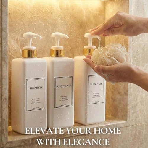 Modern Gold Design Shampoo and Conditioner Dispenser - Large 27oz Shower Soap Dispenser, Set of 3 Refillable Empty Plastic Pump Bottles for Bathroom and Body Wash (6 Waterproof Labels Included), White - color: White
