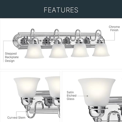 Kichler 30" 4-Light Vanity Bath Light in Chrome, Modern Bathroom Light with Clear Satin Etched Glass, ("30" W x 8" H), 5338CHS - color: Chrome, size: 30"