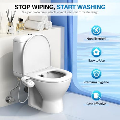 Non-Electric Bidet Attachment, Self-Clean Dual Nozzles, Adjustable Pressure | Ultra Slim Intuitive One-Touch, Retractable Nozzle Structure, Cold Water Rear & Feminine Washing Modes, Stainless Steel Iniet