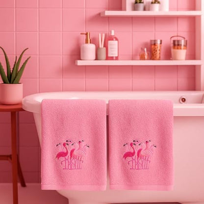 SmoothNovelty 2 Pcs Flamingo Hand Towels Hot Pink Bathroom Decor 14x29 Inch Embroidered 100% Cotton Soft Absorbent Spring Summer Decorative Hand Towels for Bathroom Kitchen - style: Flamingo