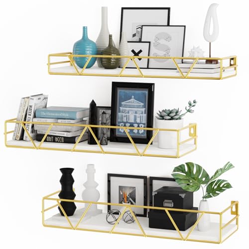 Floating Shelves Set of 3, Wood Wall Shelf, Farmhouse Shelf for Bedroom | Wall Mounted Floating Shelf for Living Room, Bedroom, Bathroom, Kitchen, Office - color: Gold