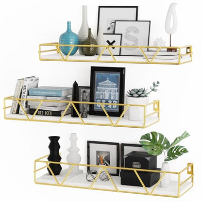 Floating Shelves Set of 3, Wood Wall Shelf, Farmhouse Shelf for Bedroom | Wall Mounted Floating Shelf for Living Room, Bedroom, Bathroom, Kitchen, Office - color: Gold