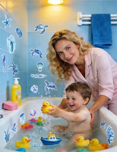 26Pcs Non Slip Bathtub Stickers, Cute Turtle Stickers with Scraper | Sea Creature Anti Slip Bath Tub Shower Decal with Adhesive Back for Bathroom, Shower Stairs - color: Turtles, size: 26Pcs