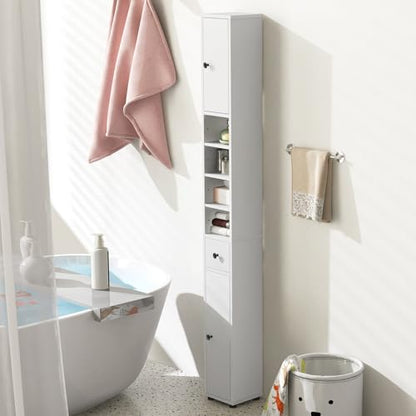 Tall Bathroom Storage Cabinet, 71’’ Slim Linen Tower Organizer with 2 Doors, 5 Adjustable Shelves & 1 Drawer, Narrow Floor Freestanding Bathroom Cabinet for Small Spaces (White)