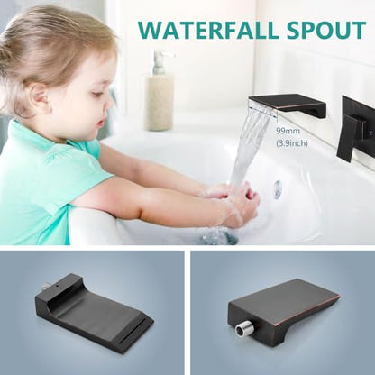 Wall Mount Bathroom Faucet, Waterfall Tub Filler, Bronze | SUS304 Waterfall Spout, Rough-In Valve, Single-Handle Control, 1/2-Inch NPT, Flexible Handle Placement - color: Bronze