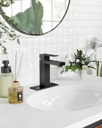 Matte Black Bathroom Faucet Single Hole with Pop-Up Bathroom Drain Single Handle Bathroom Sink Faucet w/Deck Plate(1 or 3 Hole) for Vanity Sinks, RV, Farmhouse - color: Matte Black