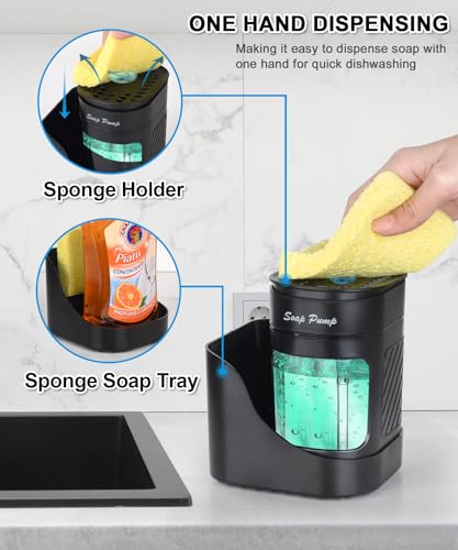 Kitchen Dish Soap Dispenser with Sponge Holder, 3-in-1 Countertop Dishwashing Soap Pump Dispenser Set for Kitchen Sink, Useful Kitchen Gadgets - Black - color: Black