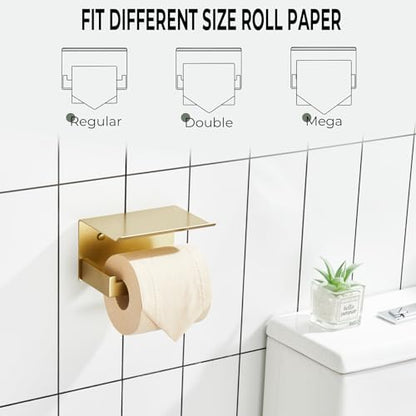 KOKOSIRI Toilet Paper Holder with Shelf Toilet Roll Holder for Bathroom Restroom T-304 Stainless Steel Wall Mounted, Gold Finish, B2010BG - color: Brushed Gold, size: With Shelf(1 Pack)