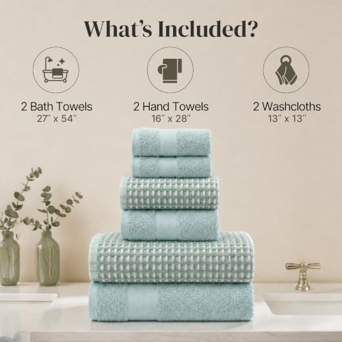 Modern Threads 6 Piece Cotton Bath Towel Set – Ultra Soft 600 GSM Towels – Bathroom Set with Hand Towels and Washcloths – Waffle (Sage Mist) - color: Sage Mist, style: Waffle
