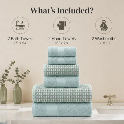 Modern Threads 6 Piece Cotton Bath Towel Set – Ultra Soft 600 GSM Towels – Bathroom Set with Hand Towels and Washcloths – Waffle (Sage Mist) - color: Sage Mist, style: Waffle