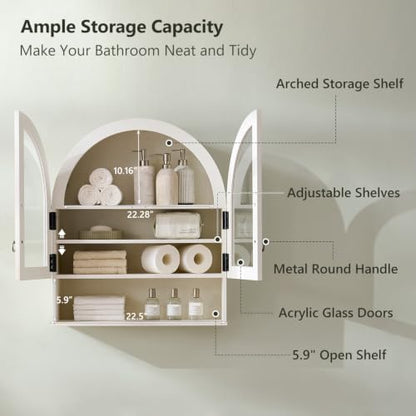 IFGET Bathroom Arched Wall Cabinet, 23.6'' Wide Medicine Cabinet with Adjustable Shelves & Glass Doors, Over The Toilet Storage Wall Mount Cabinet for Laundry Room,Kitchen & Living Room, Antique White - color: Antique White