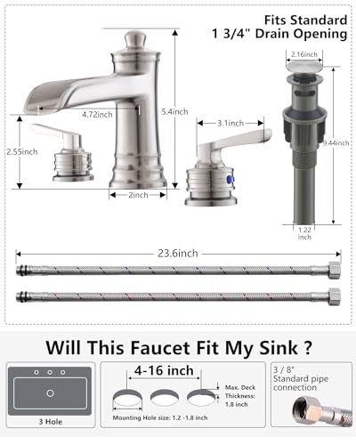Fapully Brushed Nickel Bathroom Sink Faucet, Waterfall Bathroom Faucets 3 Hole, 8 Inch Widespread Bathroom Faucet with Pop-up Drain, 2-Handle Faucet for Bathroom Sink Vanity RV - color: Brushed Nickel