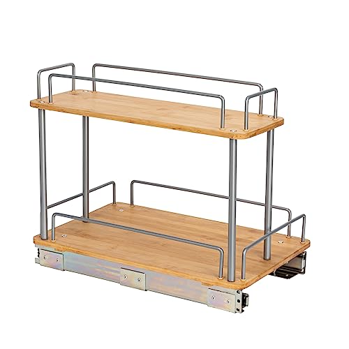 Household Essentials Bamboo and Silver Iron Two-Tier Slide-Out Organizer - size: 11.5", style: Steel Rim Undersink