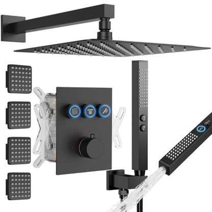 Thermostatic Shower System with Body Jets, STARBATH 12" Rain Shower with 2 in 1 Handheld, Can Use All at Once, Push Button Thermostatic Valve and Trim Kit Complete Shower Faucets Sets, Matte Black - color: Matte Black, size: 12"-05
