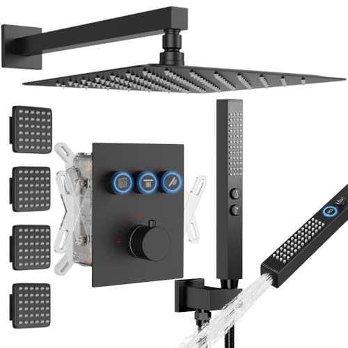Thermostatic Shower System with Body Jets, STARBATH 12" Rain Shower with 2 in 1 Handheld, Can Use All at Once, Push Button Thermostatic Valve and Trim Kit Complete Shower Faucets Sets, Matte Black - color: Matte Black, size: 12"-05