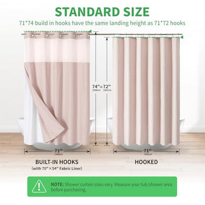 eachope No Hooks Needed Linen Textured Shower Curtain with Snap-in Fabric Liner Set,Blush Hotel Luxury Decor Shower Curtains for Bathroom with Mesh Top Window,Waterproof & Washable,71Wx74H | 230GSM Thick Fabric,Hotel Luxury Decor,Mesh Top Window,Magnetic