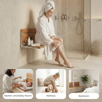 Foldable Shower Seat Wall Mounted 18 in Wide, Teak Bench for Small Shower | Foldable Design, Shower Use - size: 18INCH