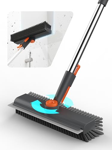 Floor Scrub Brush with Long Handle & Squeegee, 3 in 1 Floor Scrubber | Stiff Dual-side Bristle, 360° Swivel Head with Tweezer, for Cleaning Tile Wall Deck Bathroom Patio Garage Pool Kitchen (Gray) - color: Gray