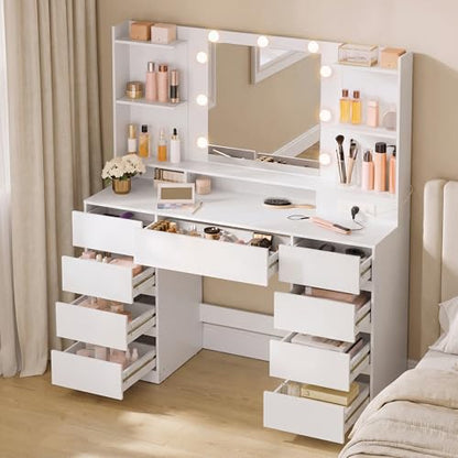 VASAGLE KAILYN Collection - Vanity Desk with Mirror and 9 LED Bulbs, Modern Vanity Makeup Table with Power Outlets, Dressing Table with 9 Drawers, for Bedroom, Cloud White URDT141WB01S - style: 43.3"W 9 Drawers Vanity Desk - Cloud White