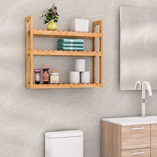 Domax Bamboo Bathroom Shelf 3-Tier Wall Mount Storage Rack Multifunctional Adjustable Layer Free Standing Over Toilet Utility Shelves Living Room Kitchen (Bamboo) - color: Bamboo
