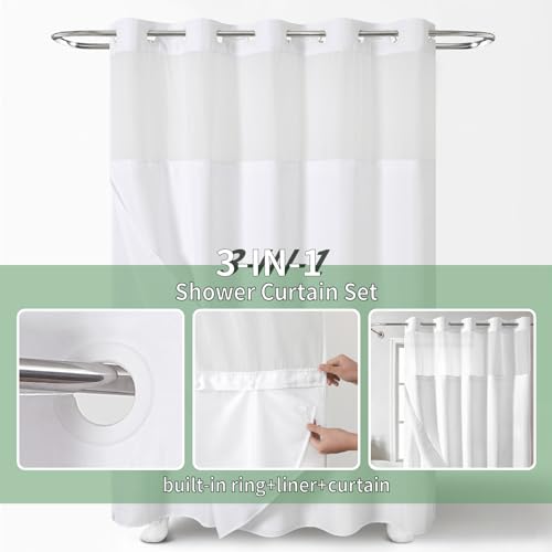 eachope White Long No Hook Shower Curtain with Snap-in Fabric Liner Set,Slub Textured Fabric Shower Curtains for Bathroom,Hotel Style Modern Shower Curtain,Water Repellent& Washable,71x80(78) | Extra Long Hotel Style Fabric with See-Through Top Window, Wa