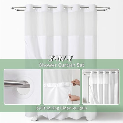 eachope White Long No Hook Shower Curtain with Snap-in Fabric Liner Set,Slub Textured Fabric Shower Curtains for Bathroom,Hotel Style Modern Shower Curtain,Water Repellent& Washable,71x80(78) | Extra Long Hotel Style Fabric with See-Through Top Window, Wa