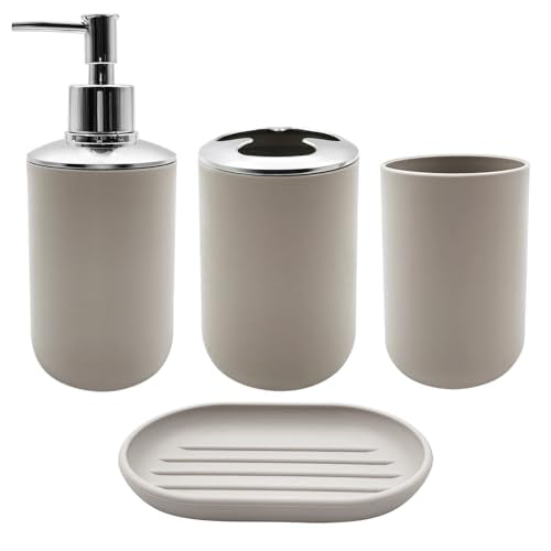 Bathroom Accessory Set, 4 pcs Shatter-Resistant Resin Bathroom Accessories Set Include Lotion Soap Dispenser Toothbrush Holder Soap Dish Modern Bathroom Decor, Gift for Home (Beige 4pcs) - style: Beige 4pcs