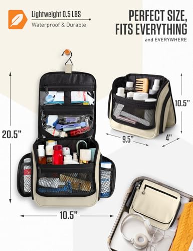 VENTURE 4TH Hanging Travel Toiletry Bag, 18 Compartments - Beige | Hangs on rails, hooks or doors; stands upright. Removable TSA pouch. Water-resistant Nylon 290D Twill, reinforced stitching. - color: Beige