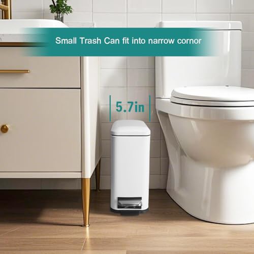 Bathroom Trash Can, Small Trash Can with Lid, White Garbage Gan | 1.3 Gal Trash Can, Stainless Steel, Small Garbage Can with Soft-Close Lid, Removable Inner Bucket, Slim Trashcan for Bathroom - color: White