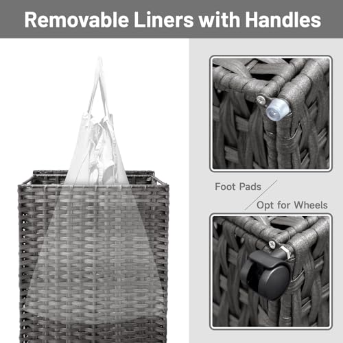 70L Slim Laundry Hamper with Lid & Wheels, Rolling Laundry Basket with 2 Removable Liner Bags & 3 Mesh Bags, Narrow Dirty Clothes Basket, Foldable Handwoven Rattan Laundry Sorter, Grey - color: Grey