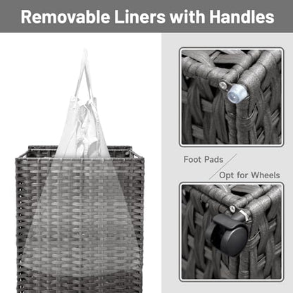 70L Slim Laundry Hamper with Lid & Wheels, Rolling Laundry Basket with 2 Removable Liner Bags & 3 Mesh Bags, Narrow Dirty Clothes Basket, Foldable Handwoven Rattan Laundry Sorter, Grey - color: Grey