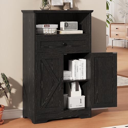 Floor Cabinet, Farmhouse Storage Cabinet with Barn Doors and Drawers Black | 11.81" D x 23.62" W x 39.37" H Freestanding Adjustable Shelf Organizer for Bathroom, Kitchen, Living Room - color: Black