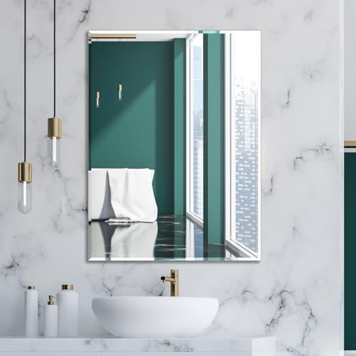 Frameless Bathroom Mirror for Wall, Rectangle Beveled Edge Mirror for Over Sink, Tempered Glass, Shatterproof, Hangs Horizontally or Vertically for Living Room, Entryway, Restroom, 32" x 24" - size: 32"L x 24"W
